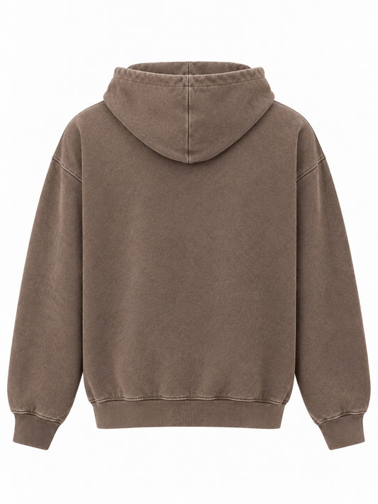Back view of the Triple Arc washed mocha puff print boxy hoodie with plain back