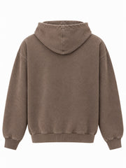 Back view of the Triple Arc washed mocha puff print boxy hoodie with plain back