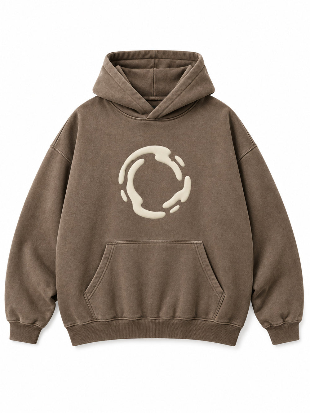 Front view of the Soft Orbit washed mocha puff print oversized hoodie with a small cream broken-orbit puff graphic