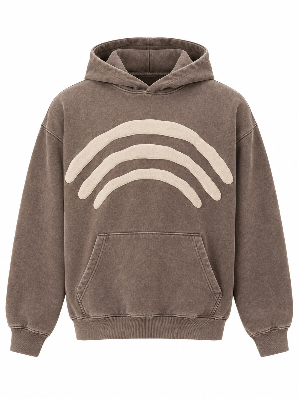 Front view of the Triple Arc washed mocha puff print boxy hoodie with three concentric cream puff-print arcs across the chest above the pocket