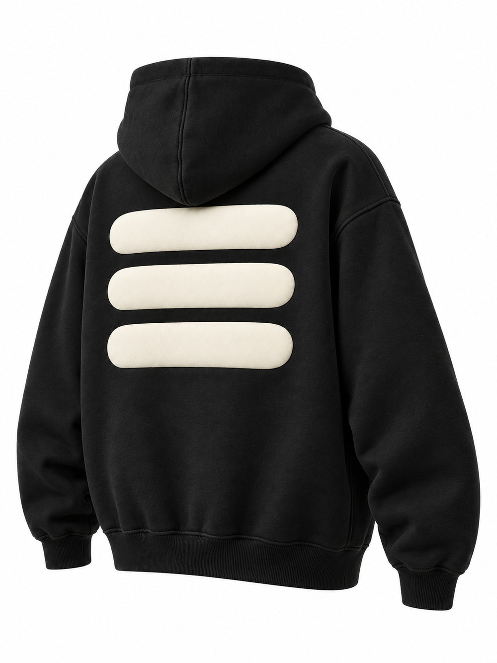 Rear three-quarter view of the Volume black puff print oversized hoodie