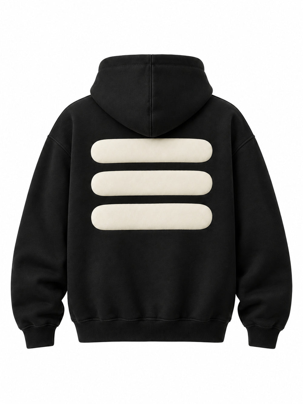 Back view of the Volume black puff print oversized hoodie with three thick cream puff bars below the hood