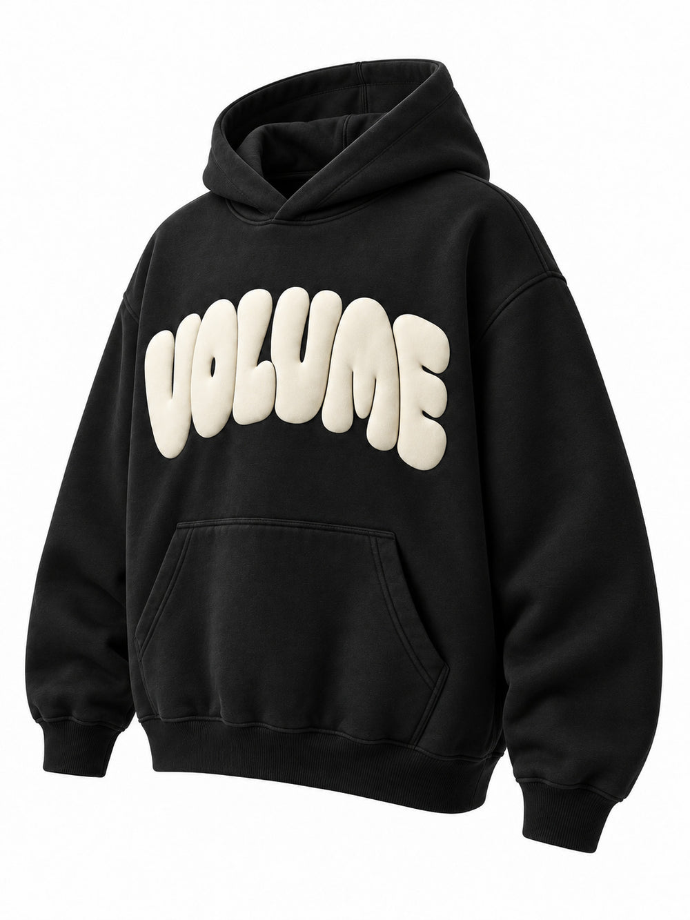 Front three-quarter view of the Volume black puff print oversized hoodie
