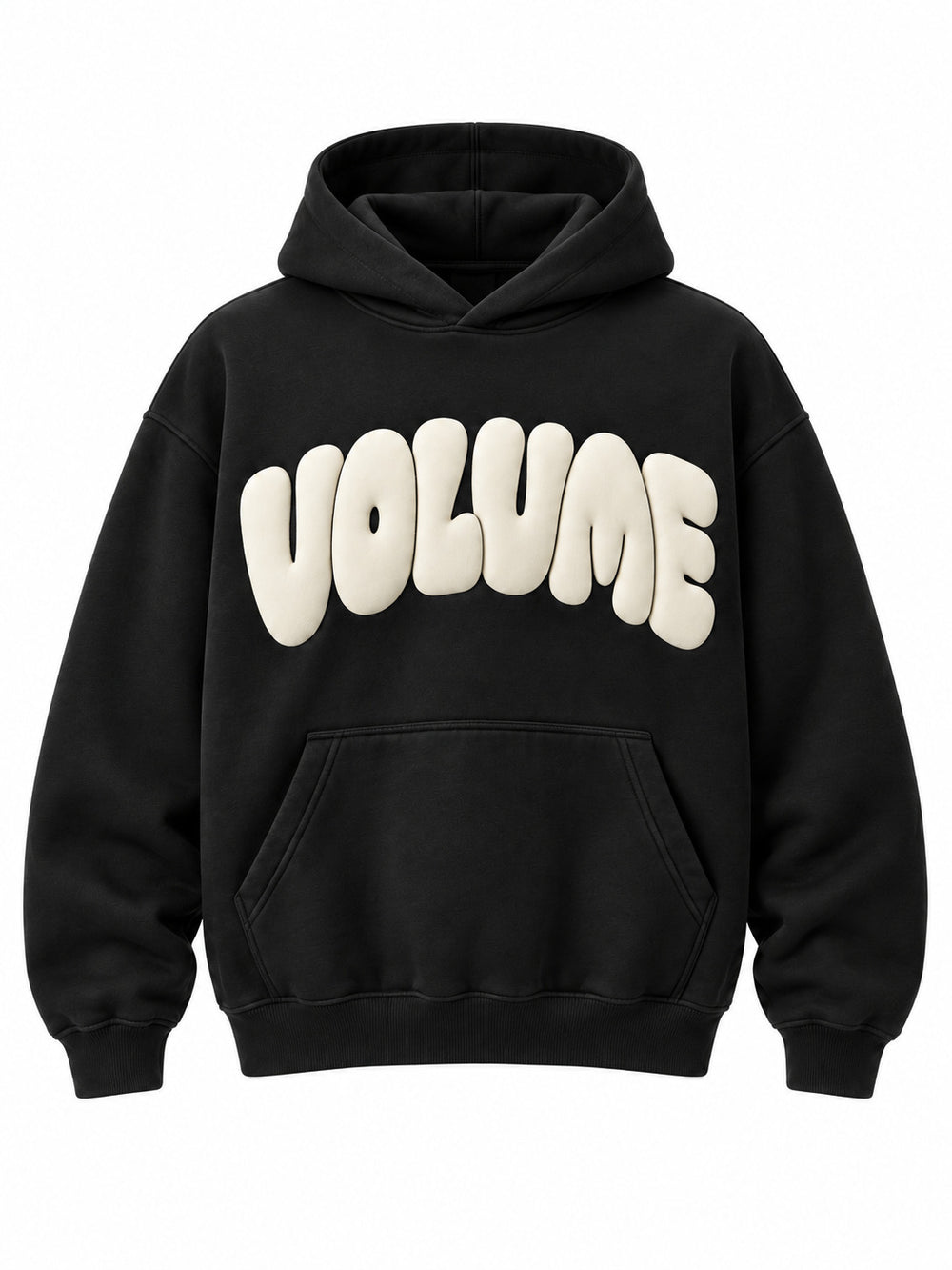 Front view of the Volume black puff print oversized hoodie with large cream VOLUME lettering in puff print above the pocket