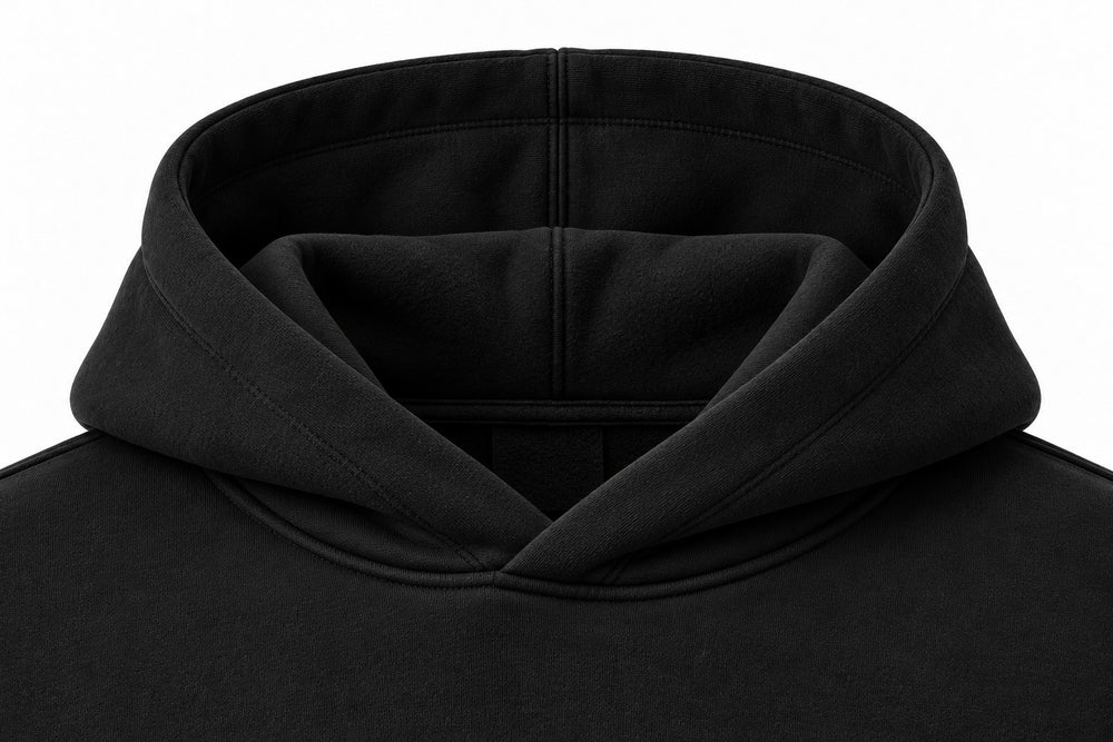 Close-up of the hood and neckline of the Volume black puff print oversized hoodie