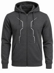 Front view of the After Dark graphite reflective print zip-up hoodie with thin angular silver reflective lines down both sides of the zipper