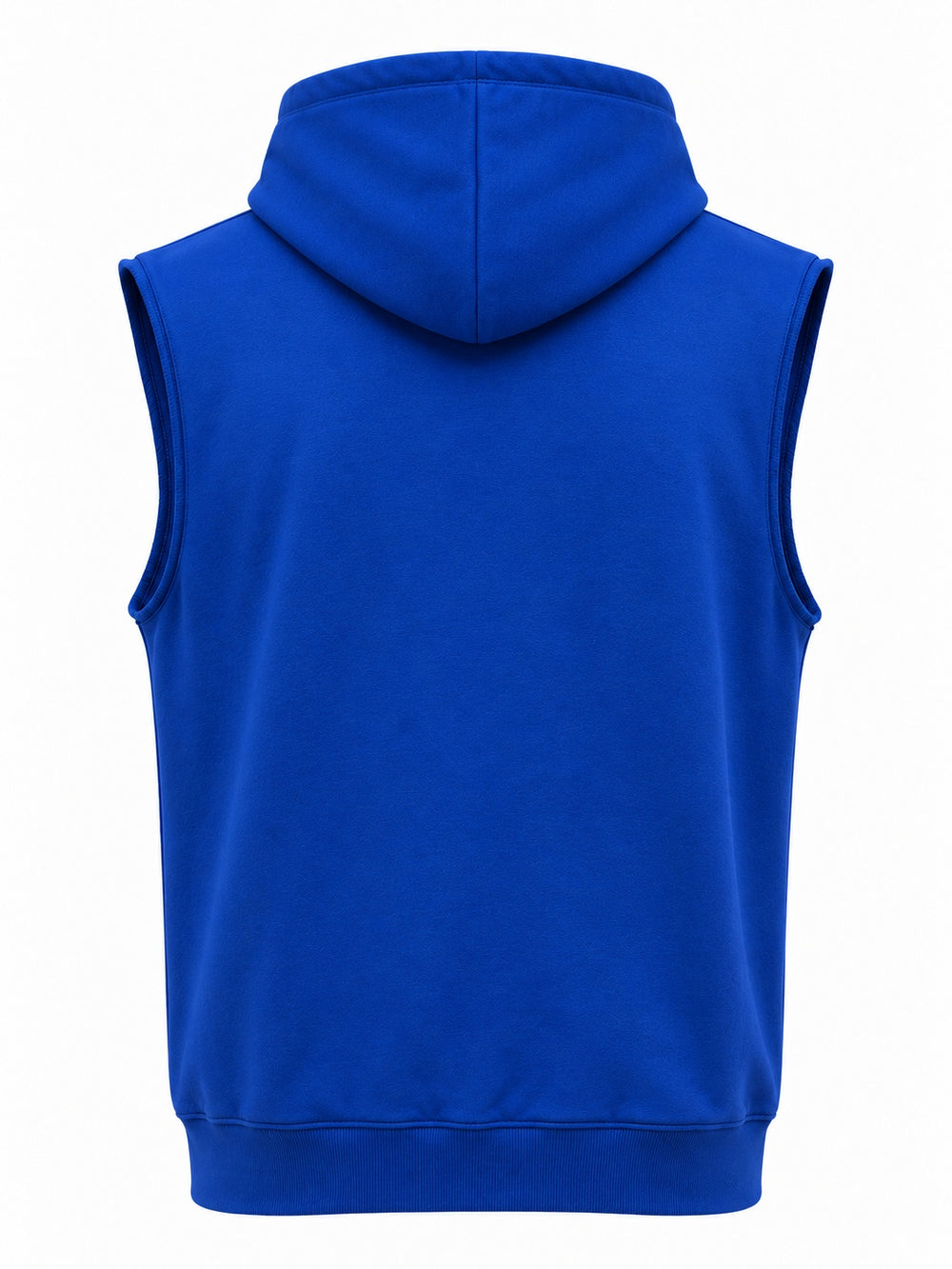 Back view of the Night Circuit cobalt reflective print sleeveless hoodie with plain back