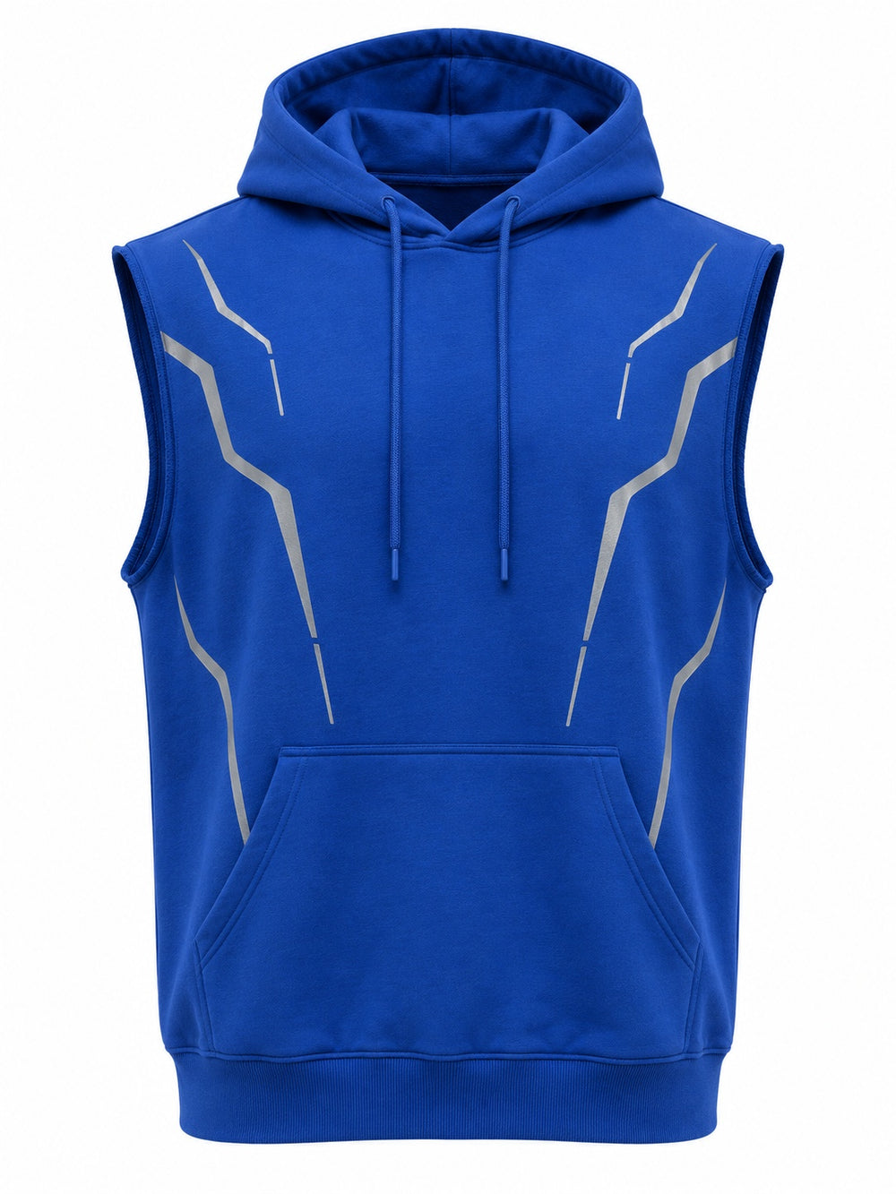 Front view of the Night Circuit cobalt reflective print sleeveless hoodie with angular silver reflective circuit lines down both sides of the chest