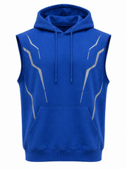 Front view of the Night Circuit cobalt reflective print sleeveless hoodie with angular silver reflective circuit lines down both sides of the chest