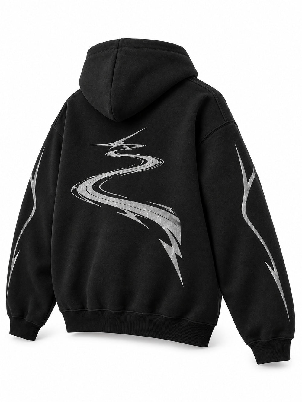 Rear three-quarter view of the Night Trail black reflective print zip-up hoodie
