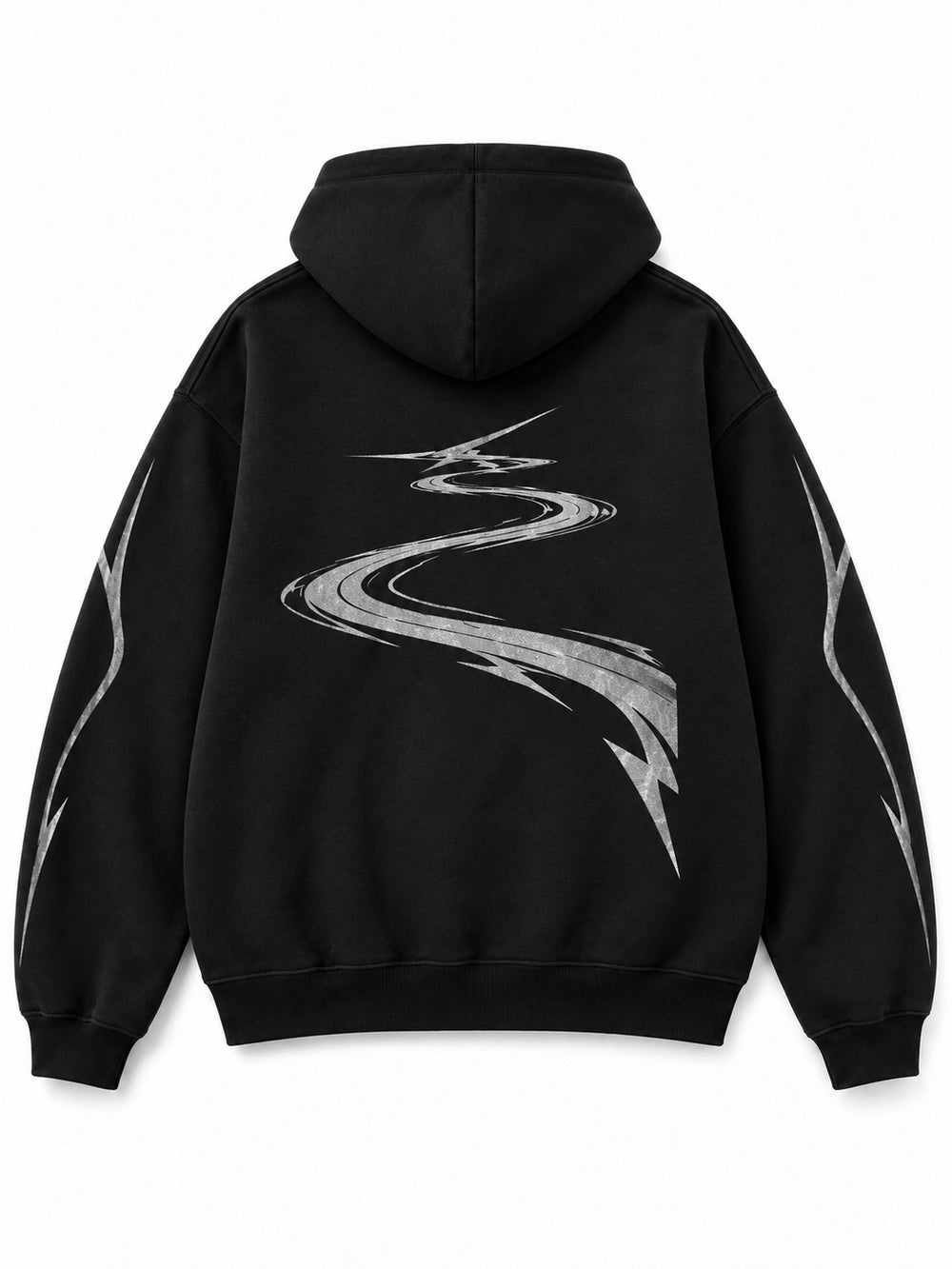 Back view of the Night Trail black reflective print zip-up hoodie with a large winding trail with matching sleeve lines