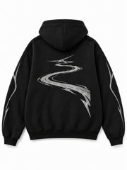 Back view of the Night Trail black reflective print zip-up hoodie with a large winding trail with matching sleeve lines