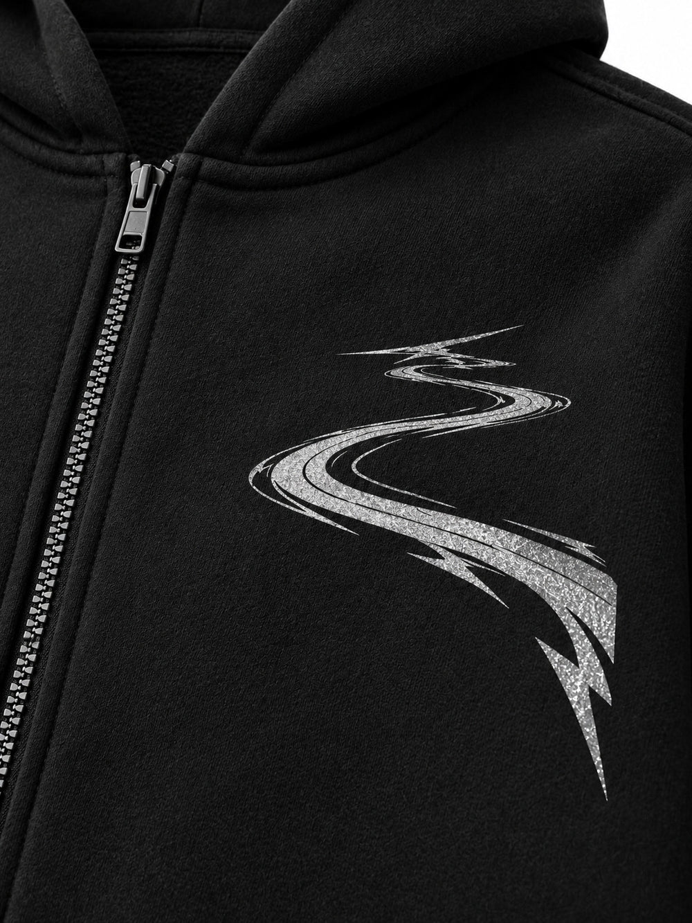 Close-up of the reflective print decoration on the Night Trail black reflective print zip-up hoodie
