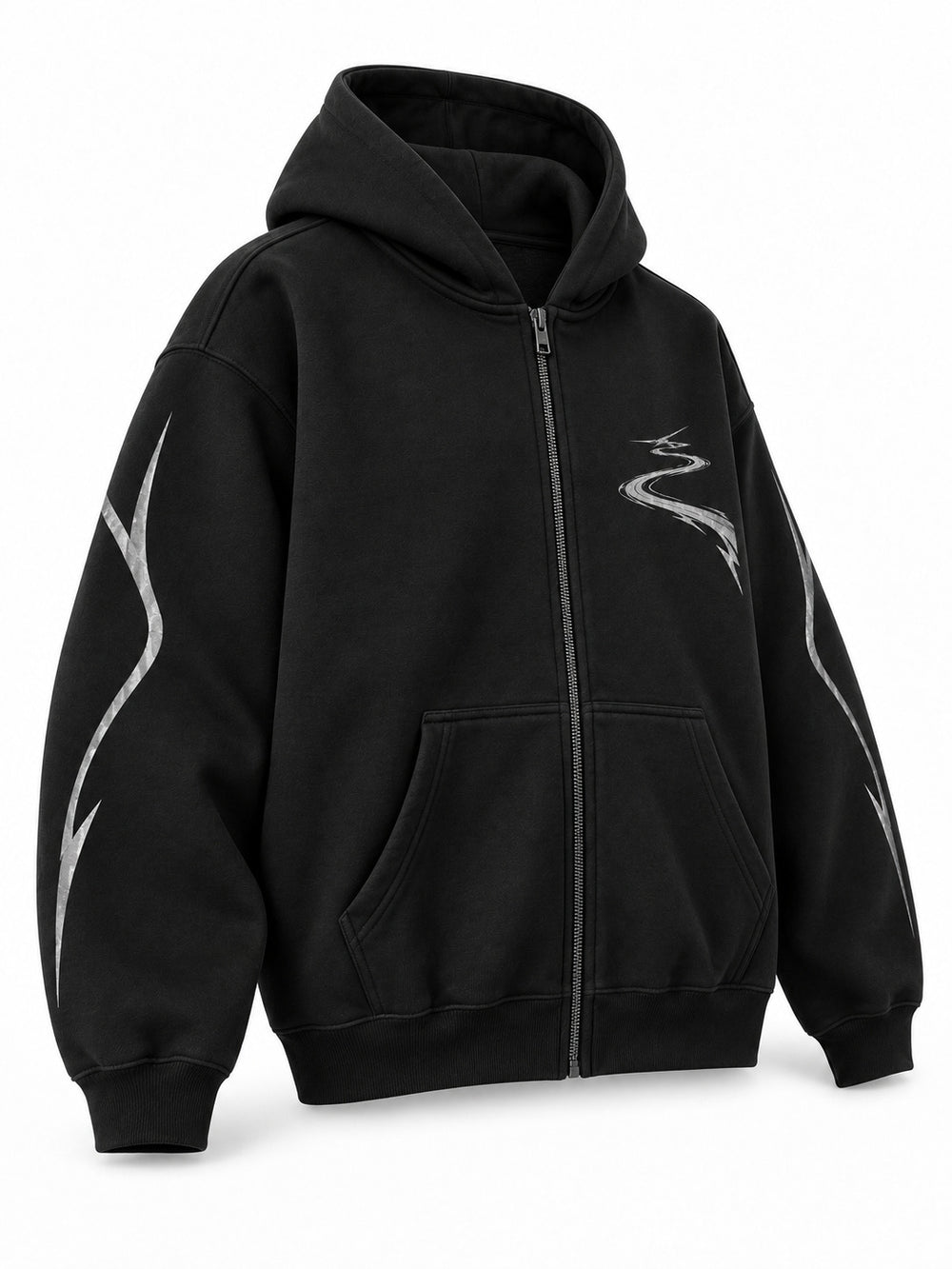 Front three-quarter view of the Night Trail black reflective print zip-up hoodie