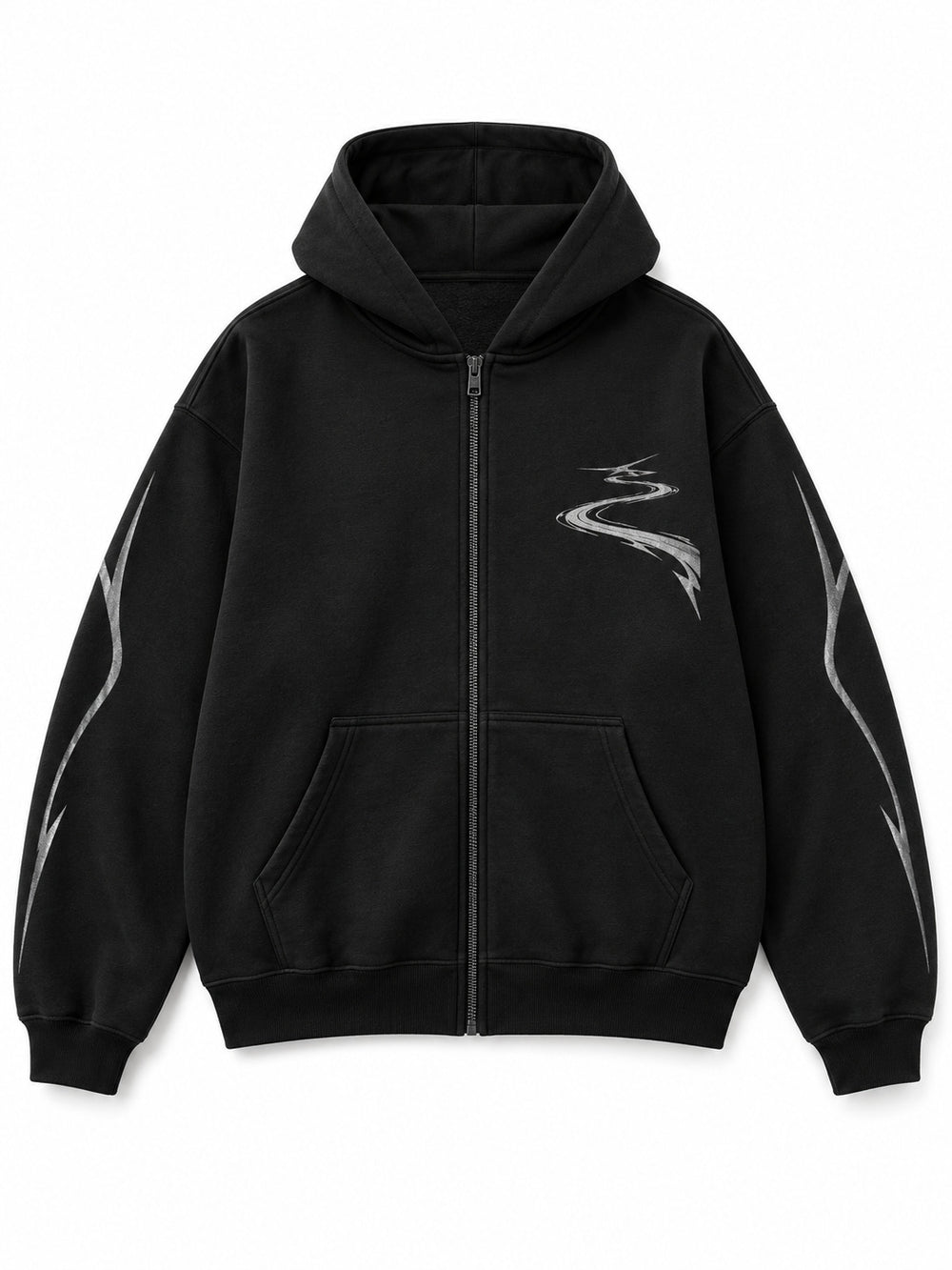 Front view of the Night Trail black reflective print zip-up hoodie with a silver-tone trail motif at the left chest and lines on the sleeves