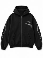 Front view of the Night Trail black reflective print zip-up hoodie with a silver-tone trail motif at the left chest and lines on the sleeves