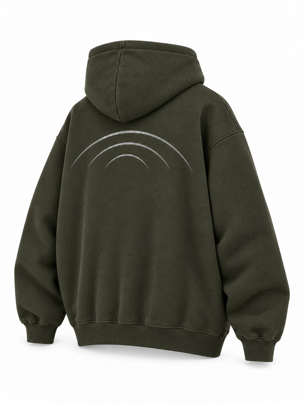 Rear three-quarter view of the Road Arc olive reflective print hoodie
