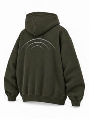 Rear three-quarter view of the Road Arc olive reflective print hoodie