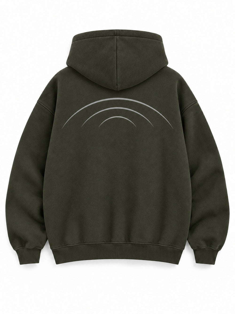 Back view of the Road Arc olive reflective print hoodie with three sweeping silver-tone arcs
