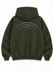 Back view of the Road Arc olive reflective print hoodie with three sweeping silver-tone arcs