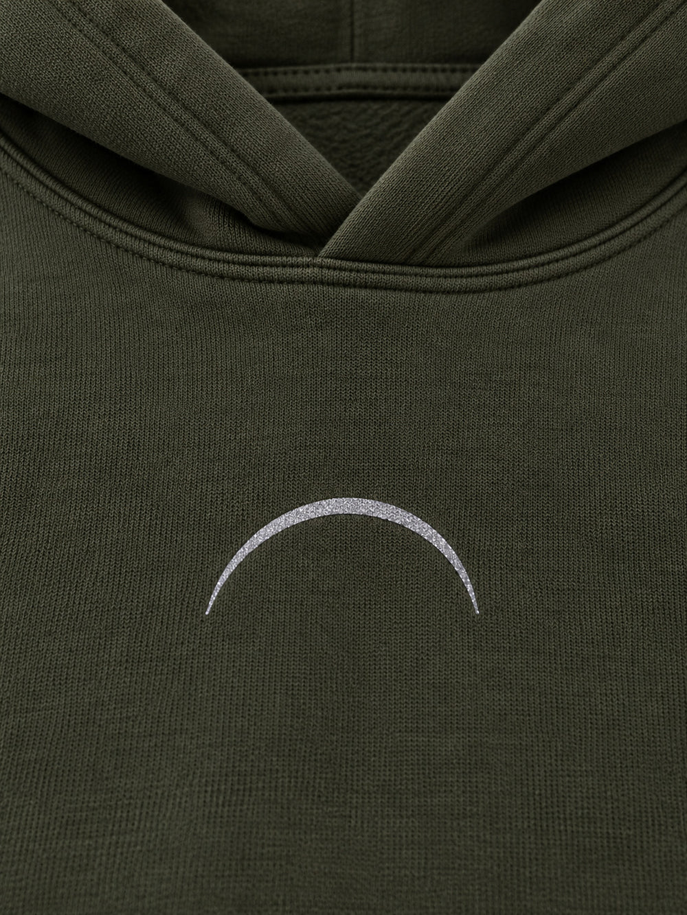 Close-up of the reflective print decoration on the Road Arc olive reflective print hoodie