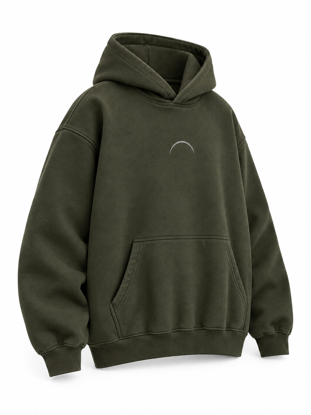 Front three-quarter view of the Road Arc olive reflective print hoodie