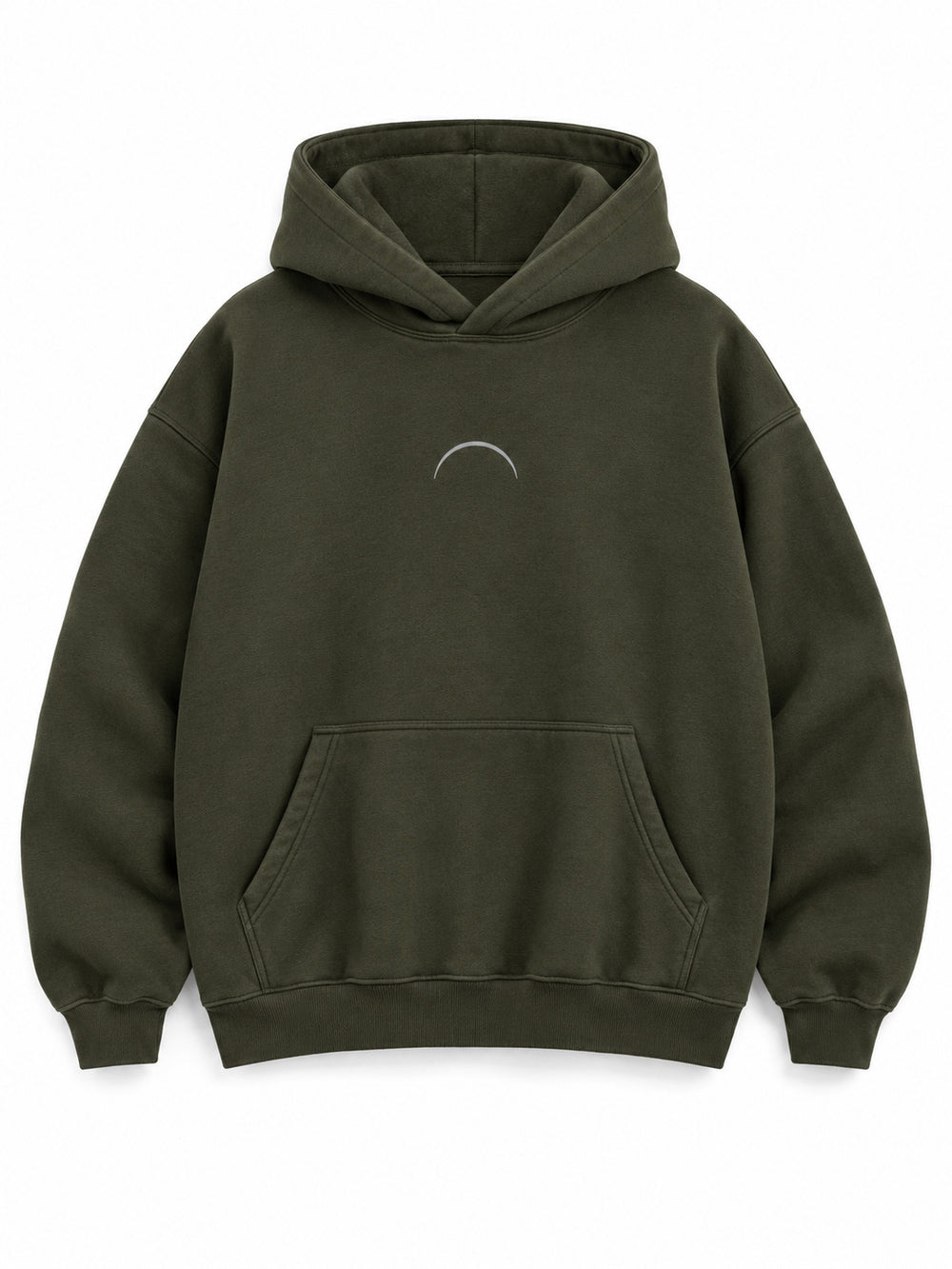 Front view of the Road Arc olive reflective print hoodie with a small silver-tone arc at the chest
