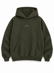 Front view of the Road Arc olive reflective print hoodie with a small silver-tone arc at the chest