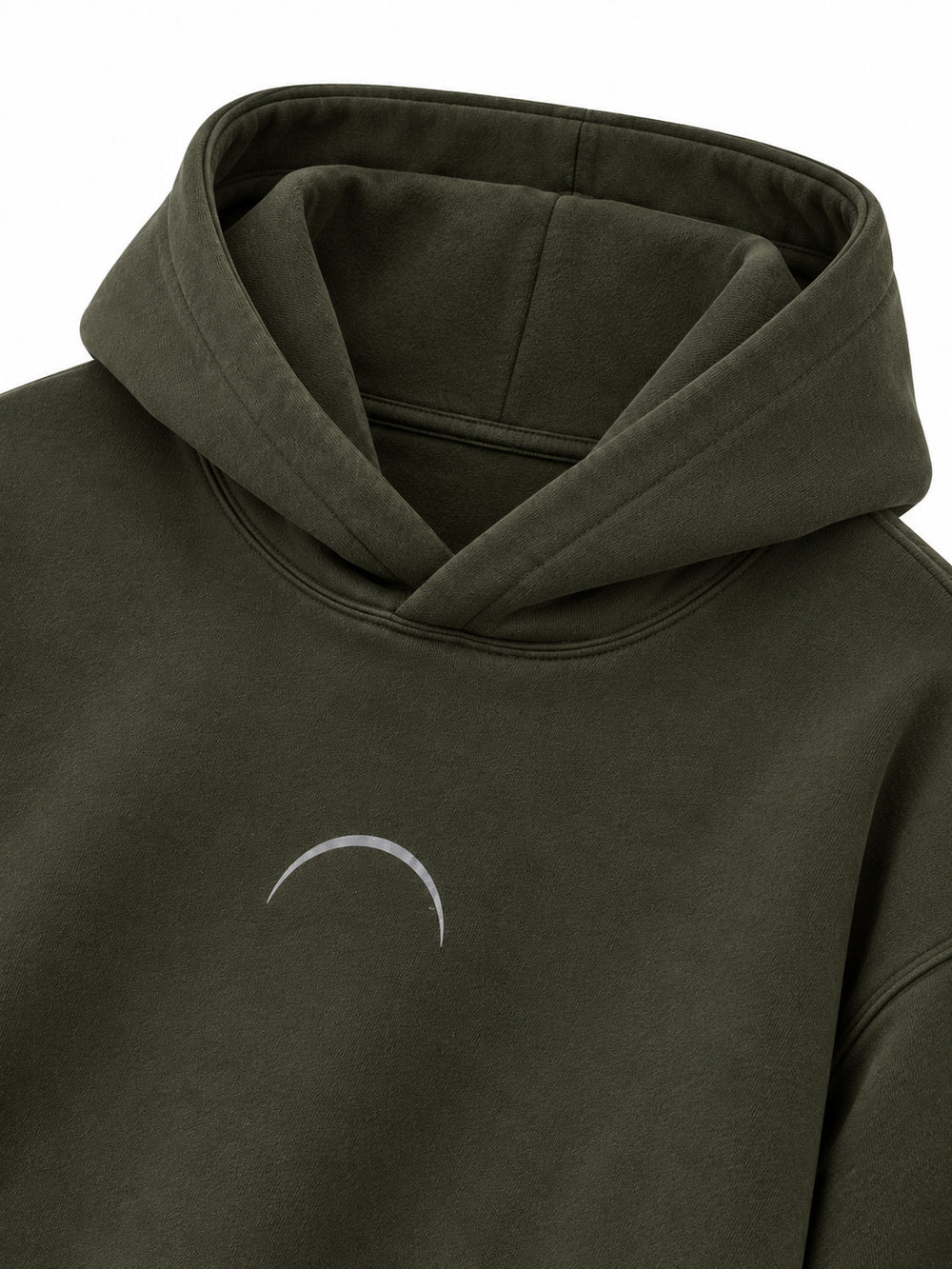 Close-up of the hood and neckline of the Road Arc olive reflective print hoodie