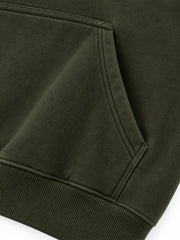 Close-up of the seam stitching of the Road Arc olive reflective print hoodie