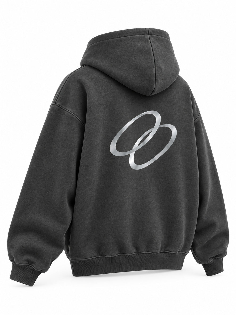 Rear three-quarter view of the Signal Loop charcoal reflective print boxy hoodie