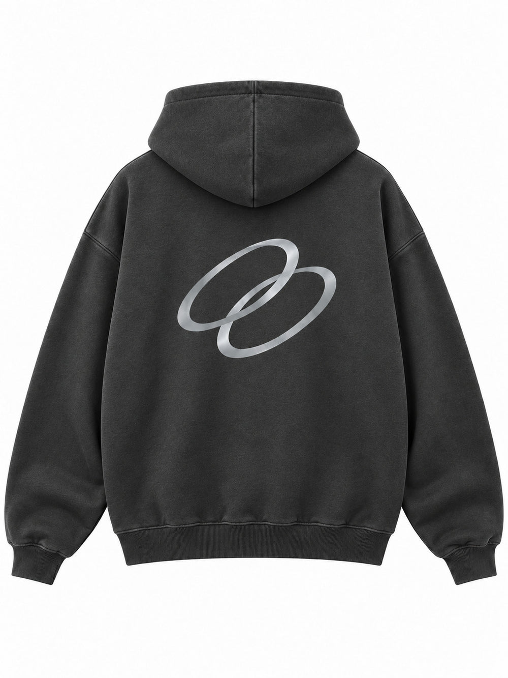 Back view of the Signal Loop charcoal reflective print boxy hoodie with two interlocking silver-tone oval loops