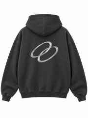 Back view of the Signal Loop charcoal reflective print boxy hoodie with two interlocking silver-tone oval loops