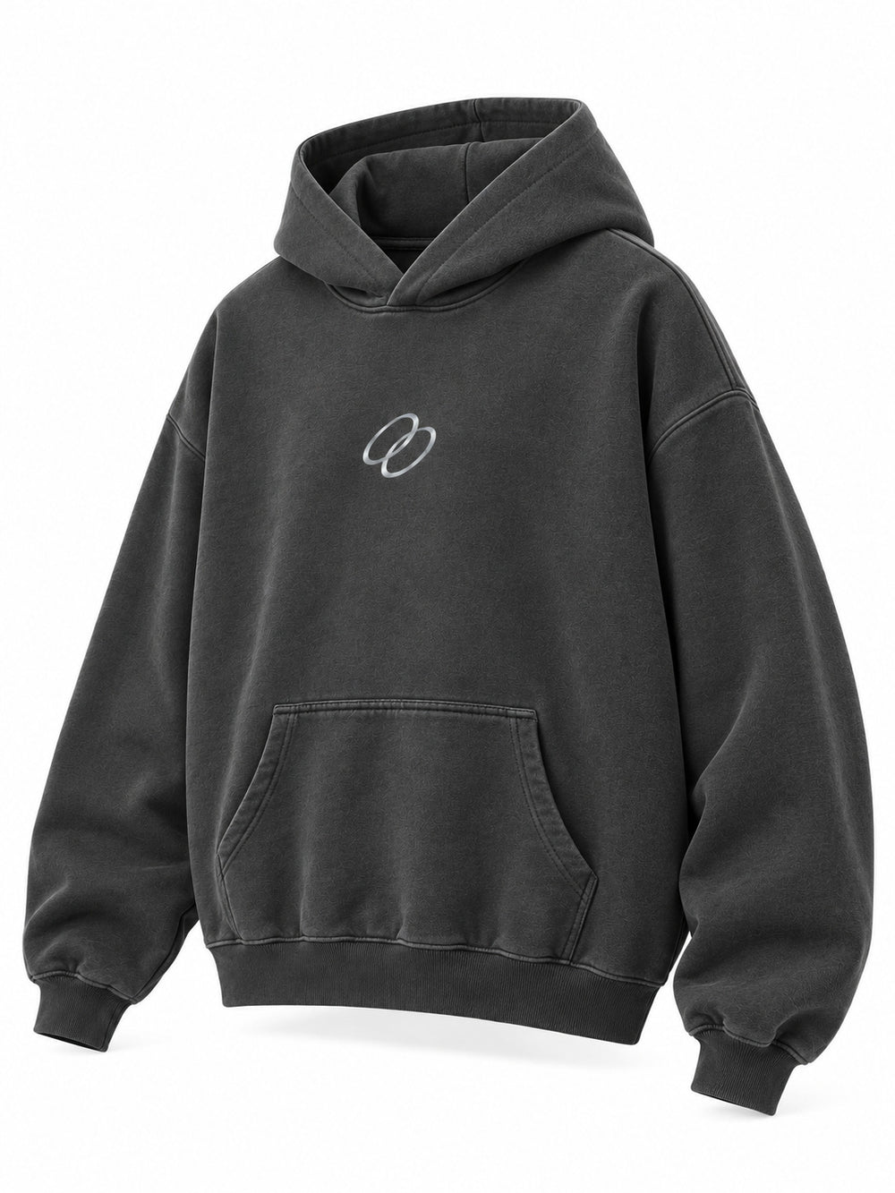 Front three-quarter view of the Signal Loop charcoal reflective print boxy hoodie