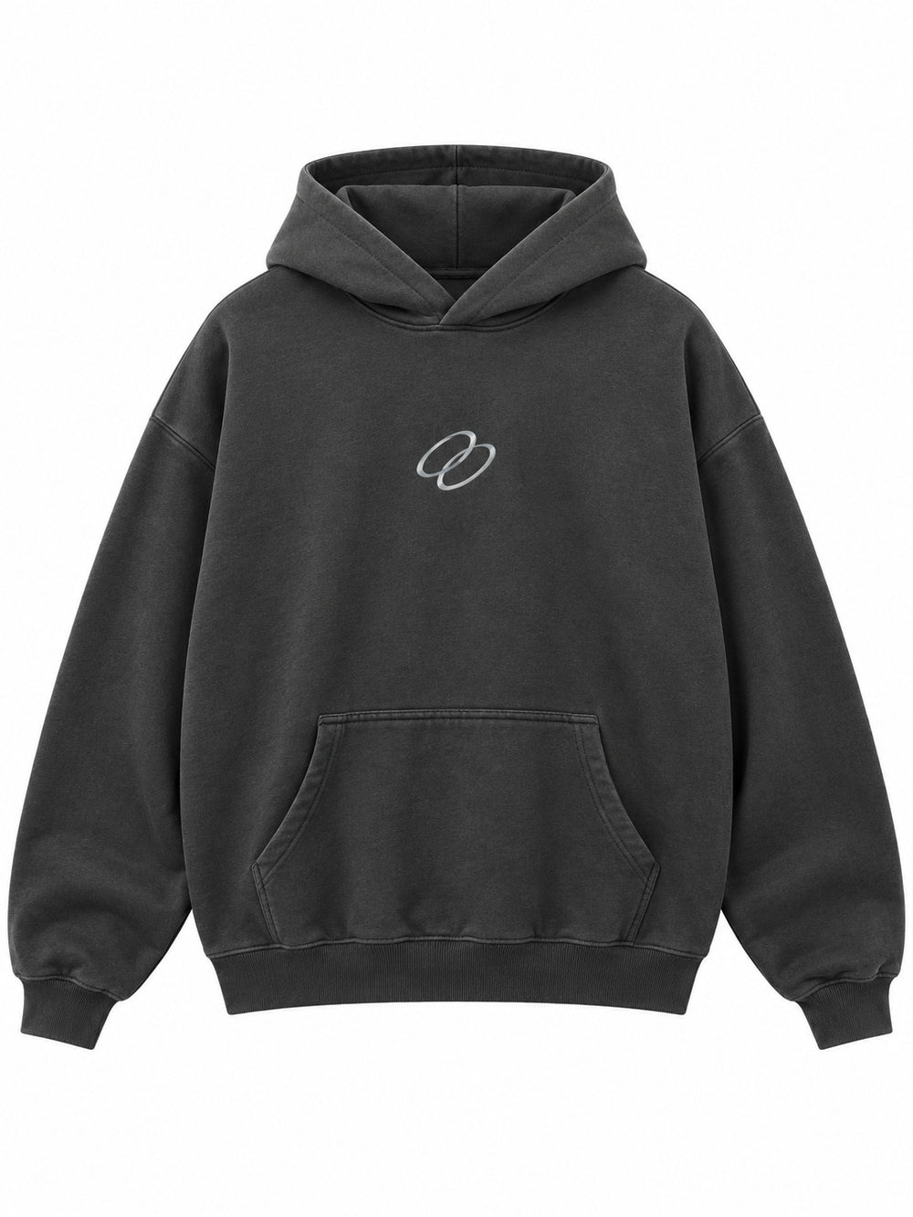 Front view of the Signal Loop charcoal reflective print boxy hoodie with a small silver-tone loop at the left chest