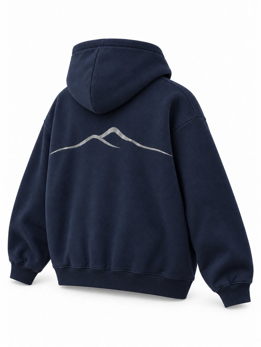 Rear three-quarter view of the Silver Horizon navy reflective print zip-up hoodie