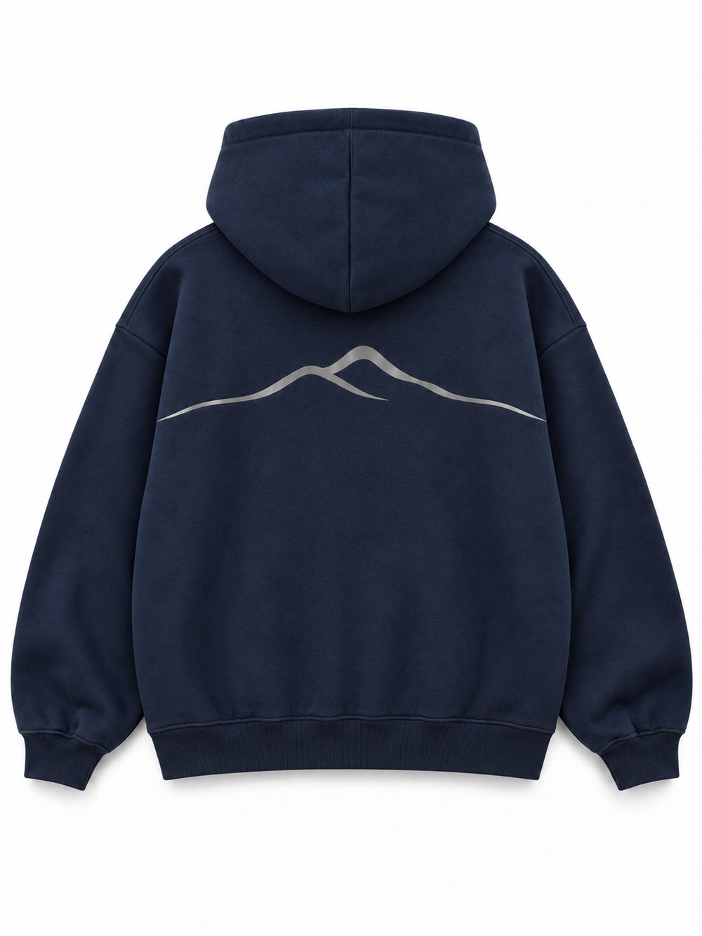 Back view of the Silver Horizon navy reflective print zip-up hoodie with a larger silver-tone mountain-horizon line