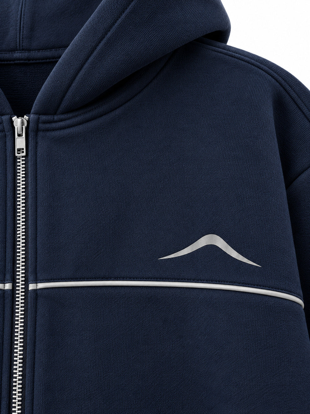 Close-up of the reflective print decoration on the Silver Horizon navy reflective print zip-up hoodie