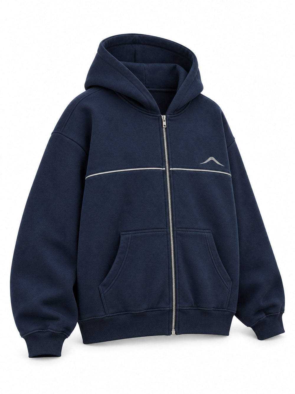 Front three-quarter view of the Silver Horizon navy reflective print zip-up hoodie