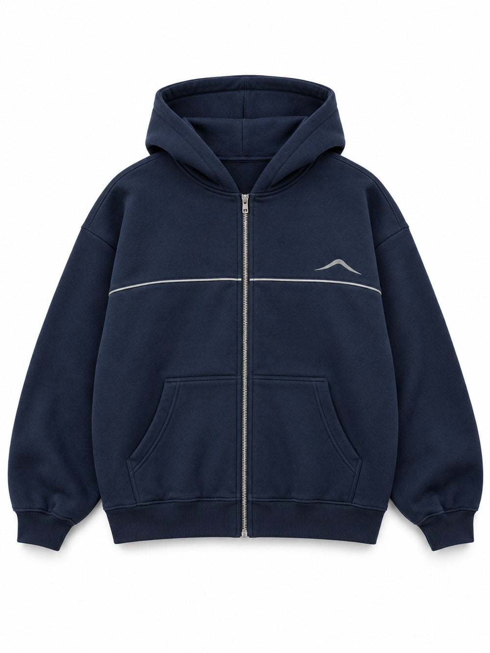 Front view of the Silver Horizon navy reflective print zip-up hoodie with a silver-tone horizontal line and mountain motif