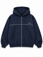 Front view of the Silver Horizon navy reflective print zip-up hoodie with a silver-tone horizontal line and mountain motif