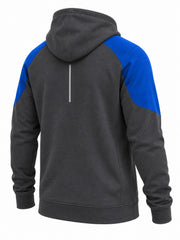 Rear three-quarter view of the Transit Quarter Zip charcoal and cobalt reflective print quarter-zip hoodie