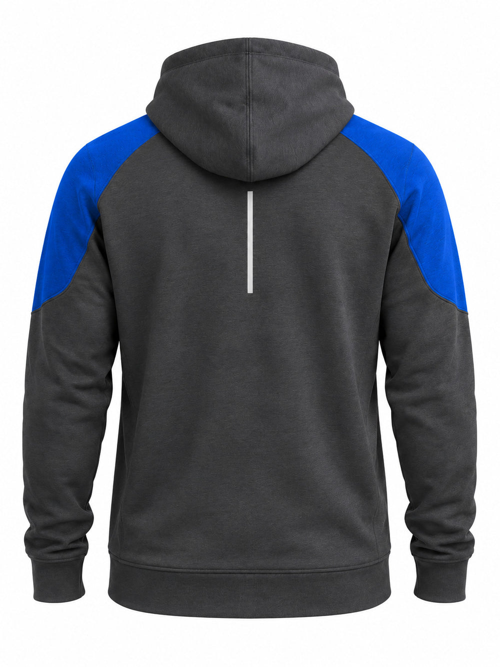 Back view of the Transit Quarter Zip charcoal and cobalt reflective print quarter-zip hoodie with thin reflective silver line down the center of the upper back