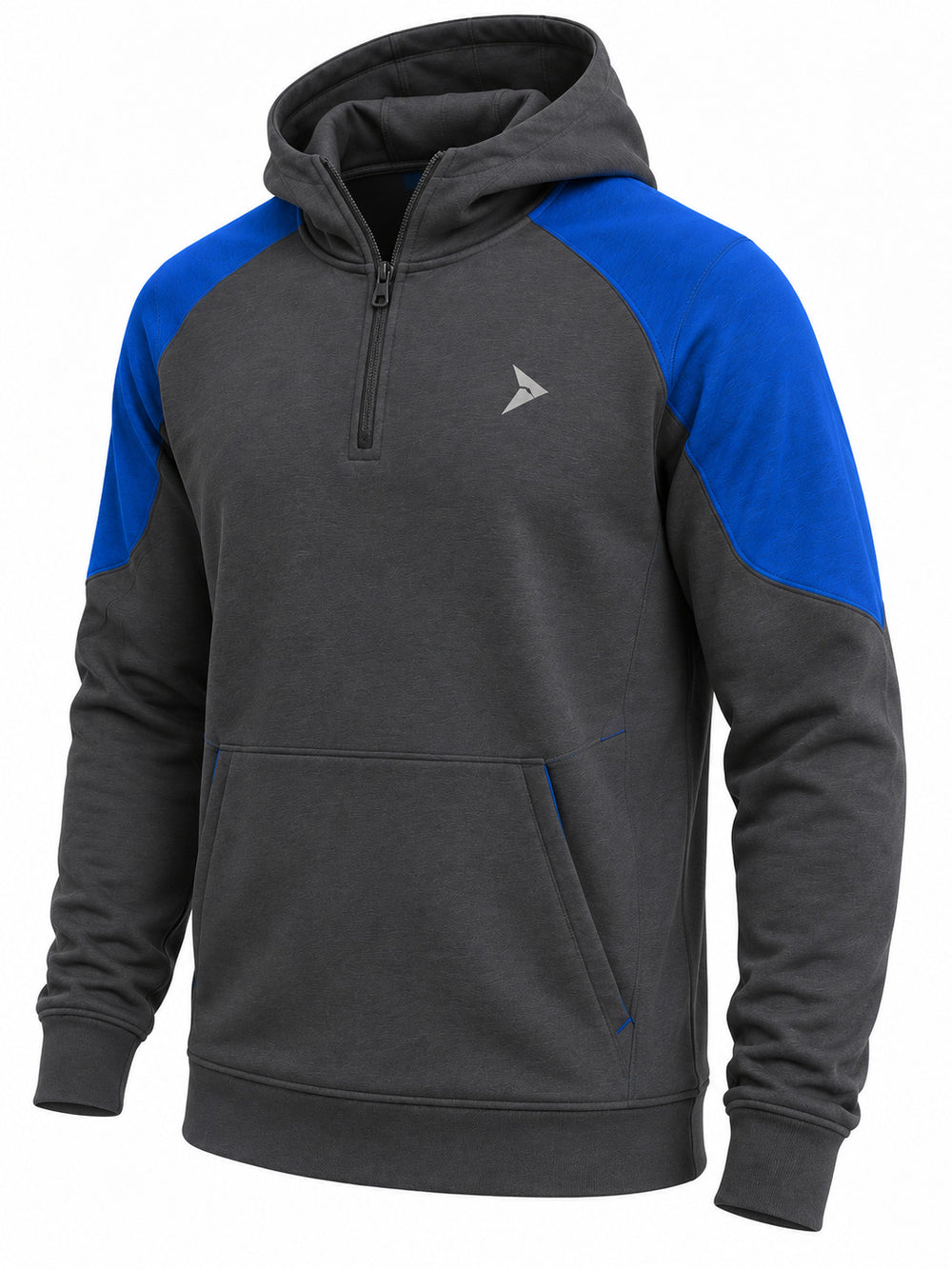 Front three-quarter view of the Transit Quarter Zip charcoal and cobalt reflective print quarter-zip hoodie