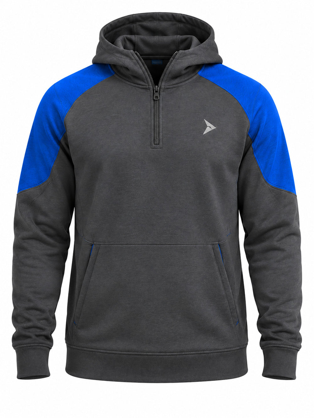 Front view of the Transit Quarter Zip charcoal and cobalt reflective print quarter-zip hoodie with small reflective silver arrow on the left chest