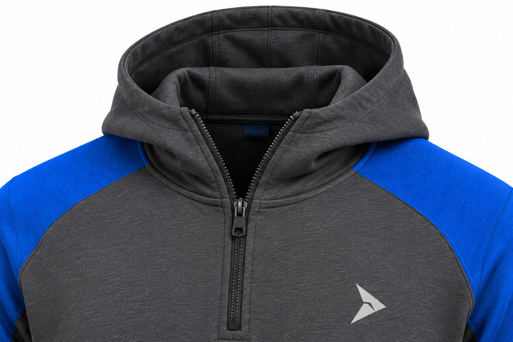 Close-up of the hood and neckline of the Transit Quarter Zip charcoal and cobalt reflective print quarter-zip hoodie