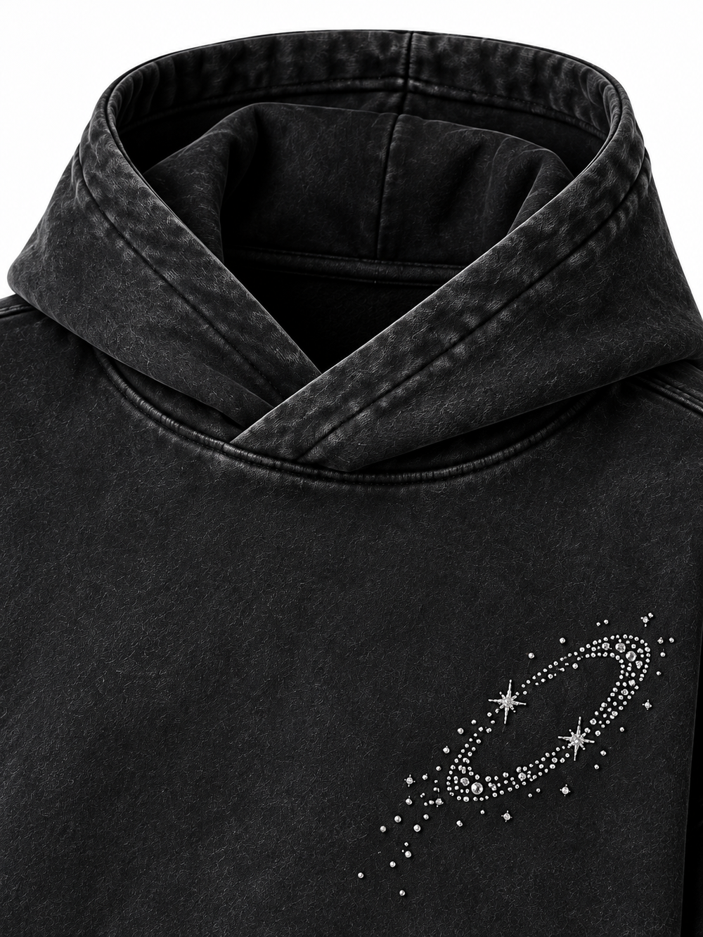Detail view of the Orbit Constellation washed black rhinestone oversized hoodie