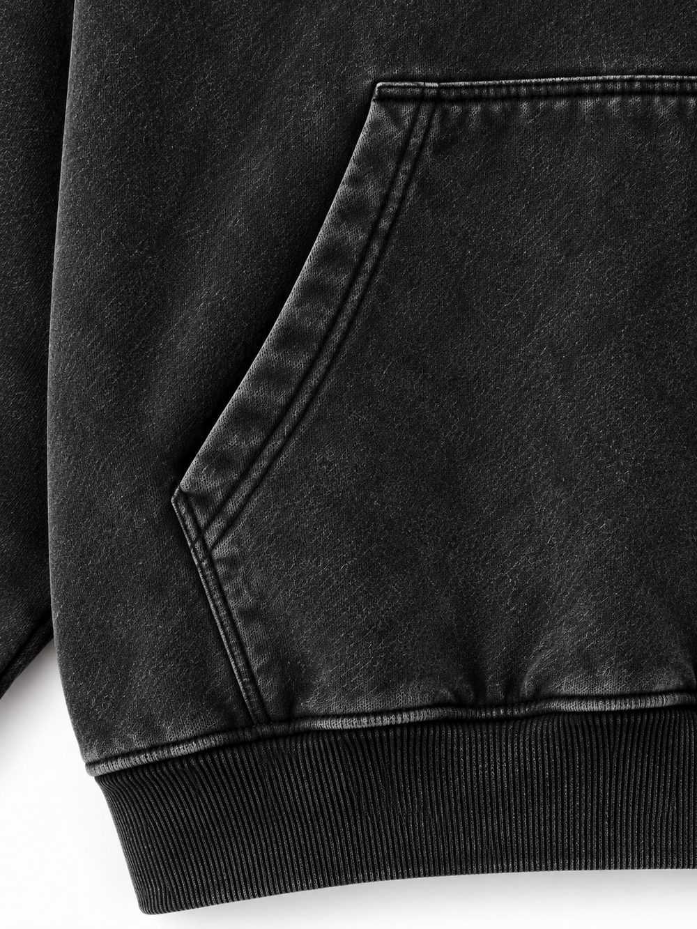 Close-up of the pocket stitching of the Orbit Constellation washed black rhinestone oversized hoodie