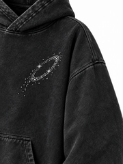 Close-up of the shoulder seam of the Orbit Constellation washed black rhinestone oversized hoodie