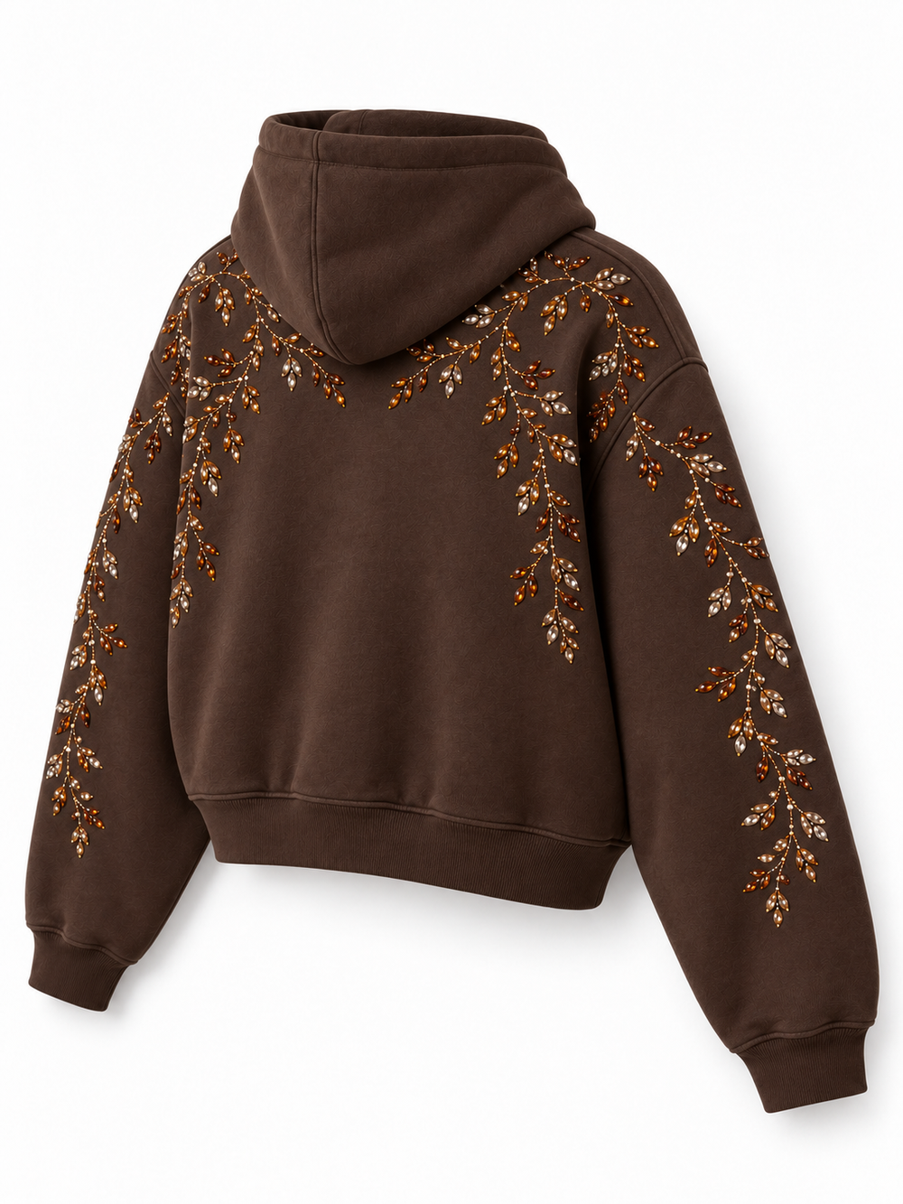 Rear three-quarter view of the Crystal Vine espresso brown rhinestone boxy hoodie